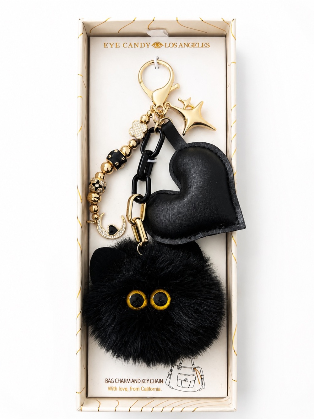 eye candy Black Cat Fur Pom Pom Key Chain with Gold Star & Moon Charms